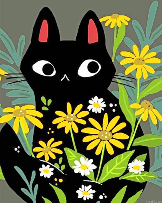 Black Cat With Flowers Paint By Numbers