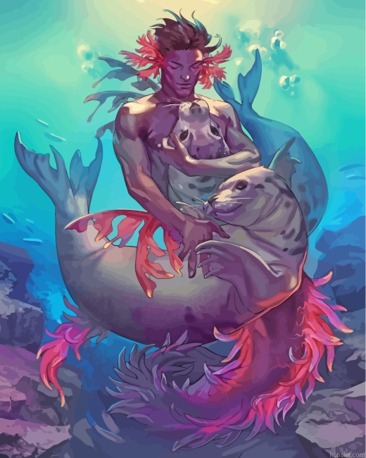 Black Merman And Seals Painting By Numberss.png