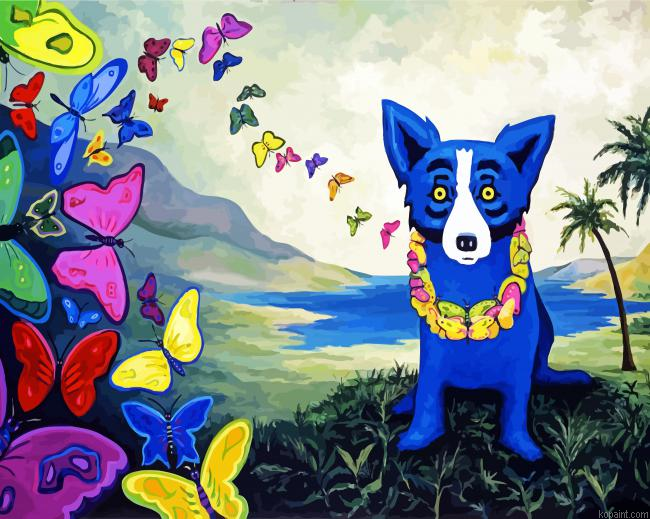 Blue Dog And Butterflies Painting By Numberss.png