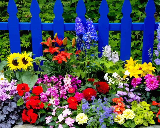 Blue Fence And Colorful Flowers Paint By Numbers