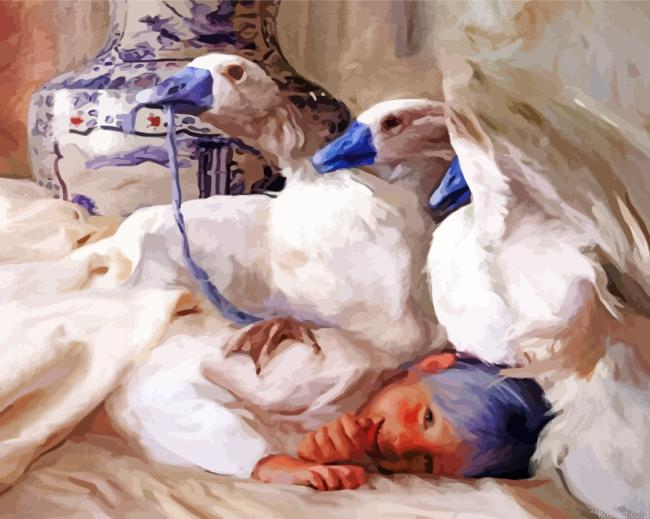 Blue Haired Girl With Geese Painting By Numberss.png