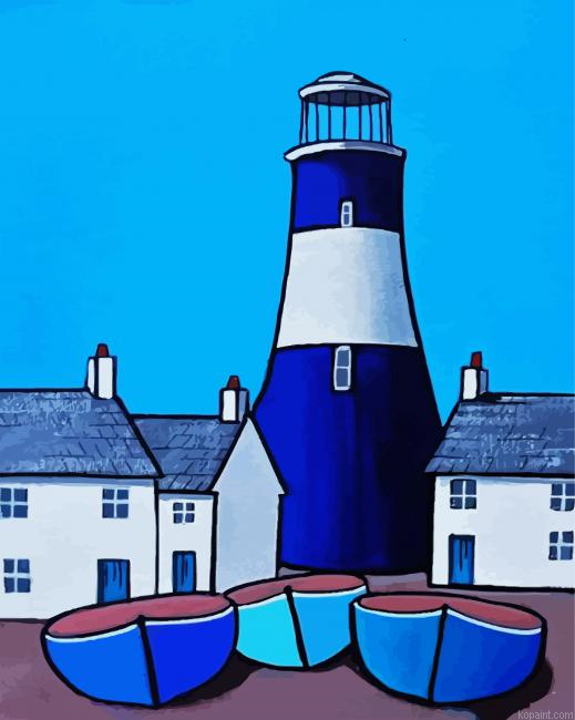 Blue Lighthouse And Boats Paint By Numbers.png