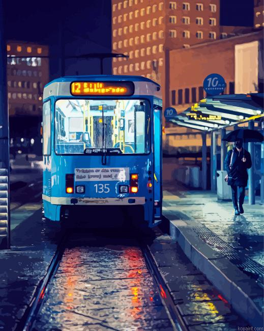Blue Trolley At Night Painting By Numberss.png