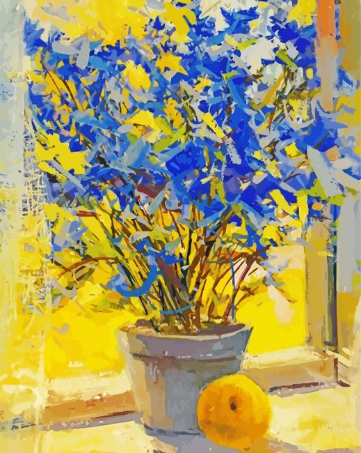 Blue Yellow Flowers And Lemons Art Painting By Numberss.png