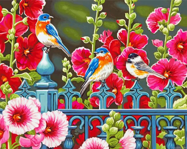 Bluebirds Garden Flowers Painting By Numberss.png
