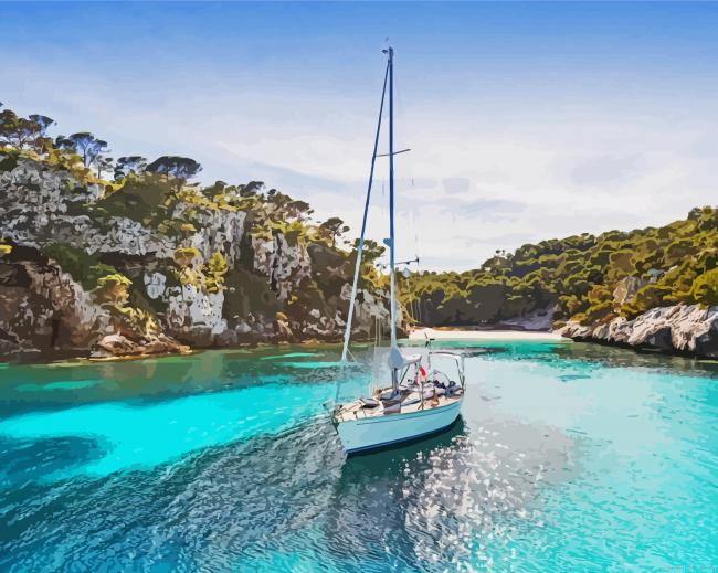 Boat In The Blue Water Of Ibiza Painting By Numberss.png