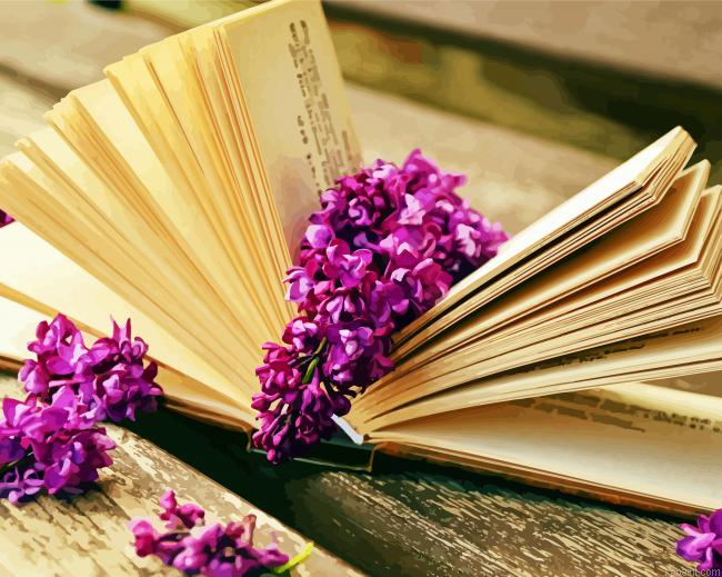 Book And Purple Flowers Painting By Numberss.png