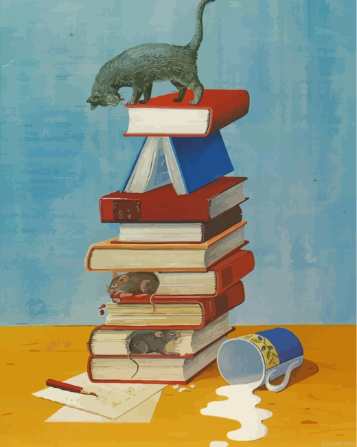Books With Mice And Cat Painting By Numberss.png