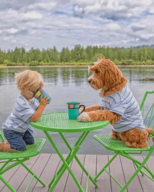 Boy Drinking Coffee With His Puppy New Painting By Numberss.png