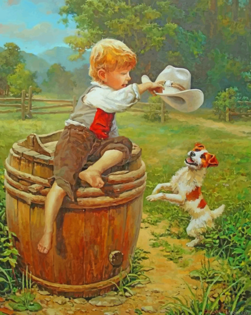 Boy Playing With A Dog Painting By Numberss.png