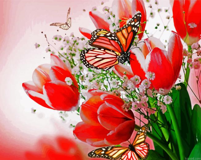 Butterfly On Red Tulips Painting By Numberss.png