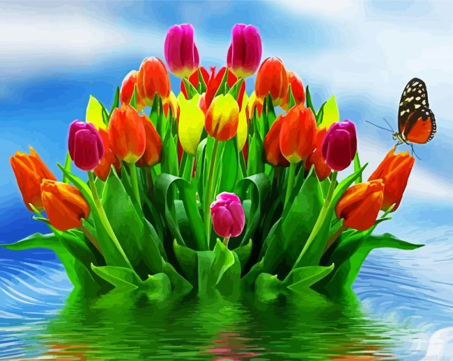 Butterfly With Beautiful Tulips Painting By Numberss.png