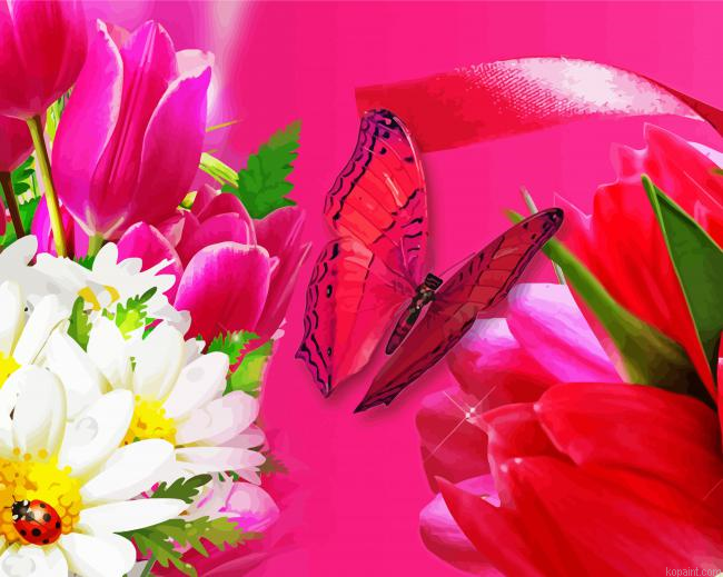 Butterfly With Tulipps Paint By Numbers