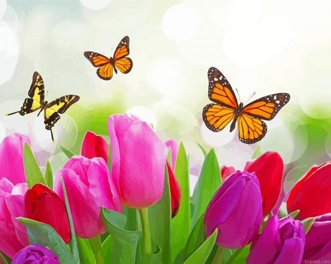 Butterfly With Tulips Plant Paint By Numbers