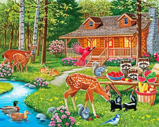 Cabin In Woods With Deer Painting By Numberss.png