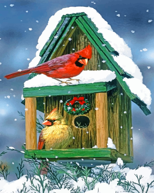 Cardinals In Snow House Painting By Numberss.png