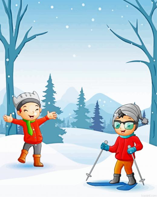 Cartoon Children In Snow Painting By Numberss.png