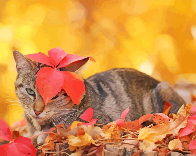 Cat And Red Leaves Painting By Numberss.png