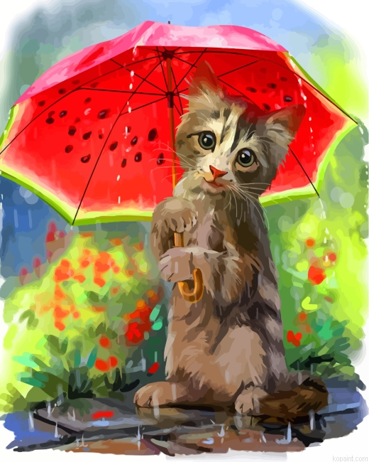 Cat And Watermelon Umbrella Painting By Numberss.png