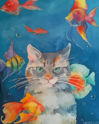Cat With Fishes In The Water Painting By Numberss.png