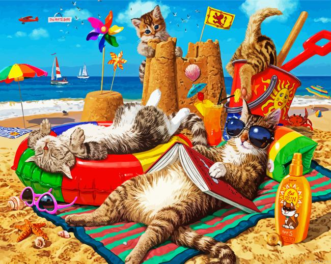 Cats On Beach Art Painting By Numberss.png