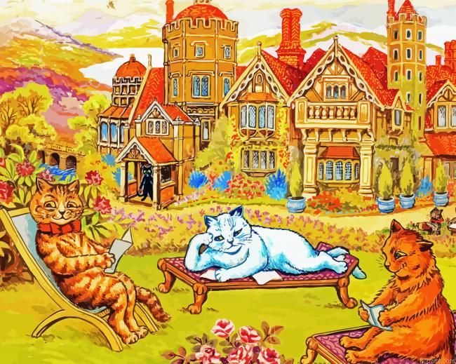 Cats Relaxing In The Grounds At Napsbury Louis Wain Painting By Numberss.png