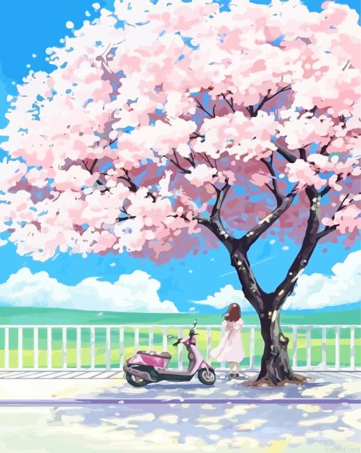 Cherry Blossom Tree And Girl Painting By Numberss.png