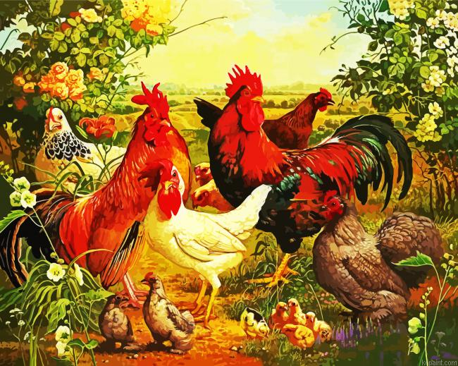 Chickens And Hens In Farm Painting By Numberss.png