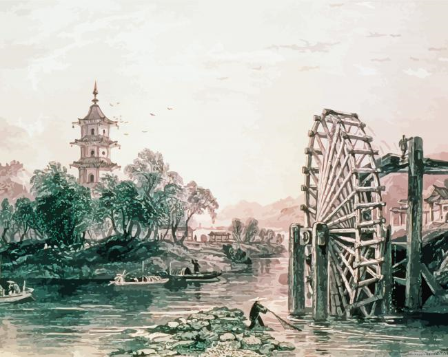 Chinese Old Water Mills Art Painting By Numberss.png