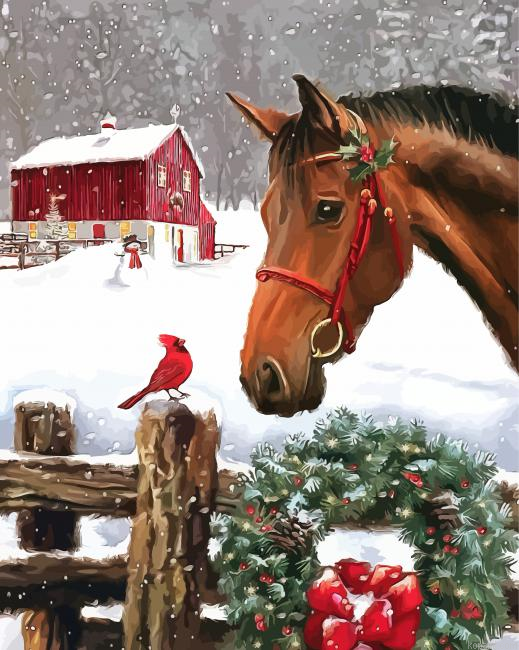 Christmas Barn And Horses Art Painting By Numberss.png