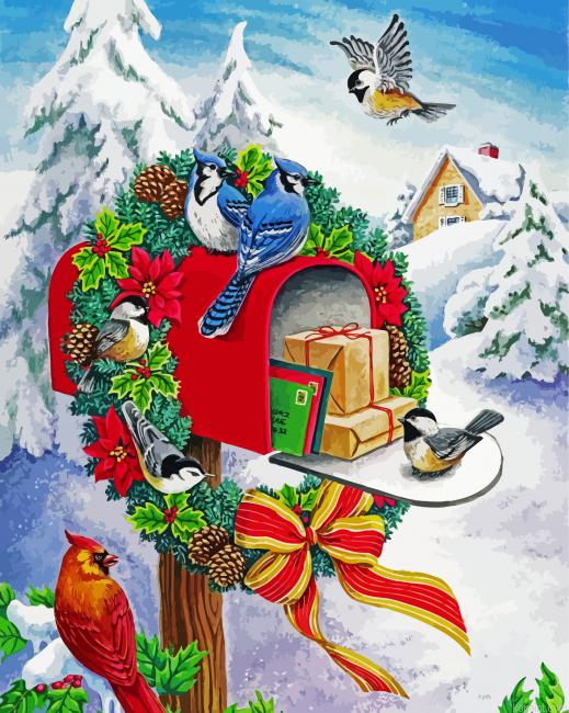 Christmas Mailbox With Birds Painting By Numberss.png