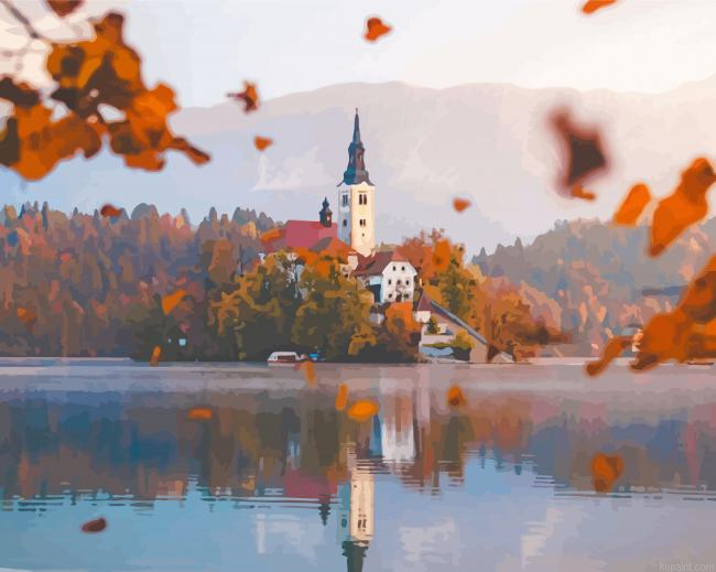 Church Fall Scene Lake Painting By Numberss.png