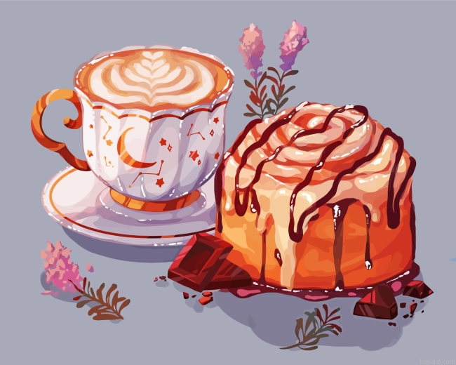 Coffee And Sweet Cake With Choclate Painting By Numberss.png