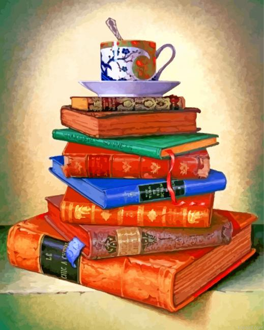 Coffee Cup On Vintage Books Painting By Numberss.png