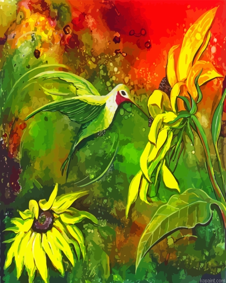 Colorful Abstract Sunflowers With Hummingbird Painting By Numberss.png