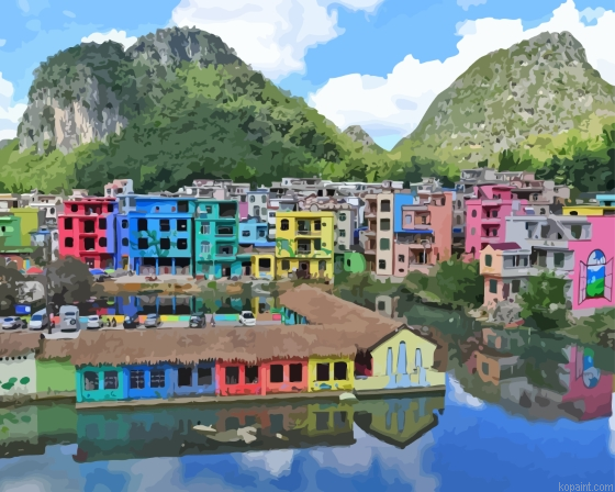 Colorful Buildings Chinese Village Painting By Numberss.png