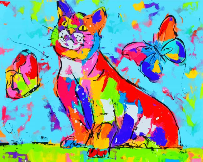Colorful Cat And Butterflies Painting By Numberss.png