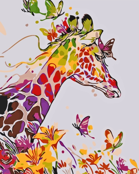Colorful Giraffes With Butterflies Painting By Numberss.png