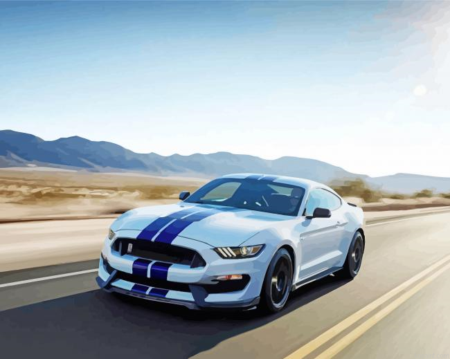 Cool White And Blue Mustang On Road Painting By Numberss.png