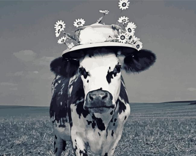 Cow With Daisies Flowers Painting By Numberss.png