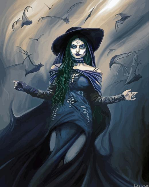 Creepy Bat Witch Paint by Numbers