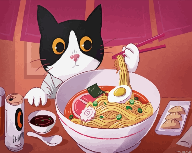 Cute Cat Eating Noodles Painting By Numberss.png
