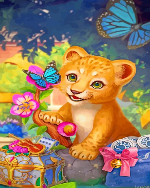 Cute Cub And Butterfly Painting By Numberss.png