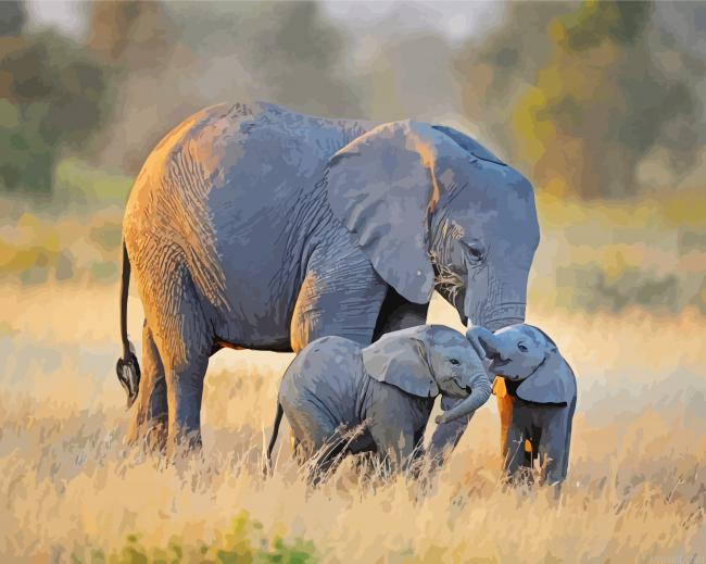Cute Elephant And Two Babies Painting By Numberss.png