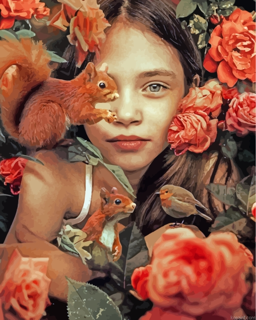 Cute Girl And Squirrels Painting By Numberss.png