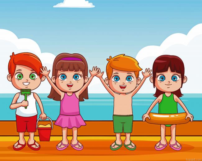 Cute Kids At Beach Cartoon Painting By Numberss.png