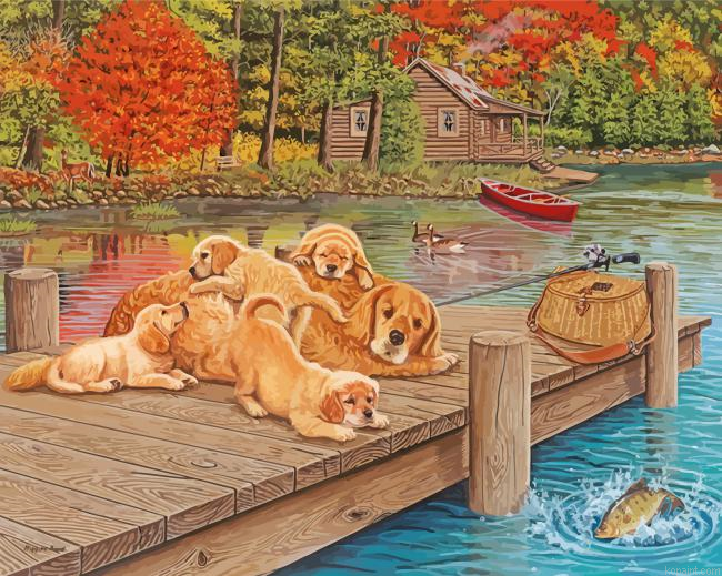 Cute Puppies Fishing Painting By Numberss.png