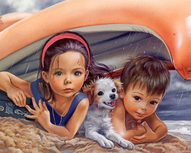 Cute Siblings And Their Pet Painting By Numberss.png
