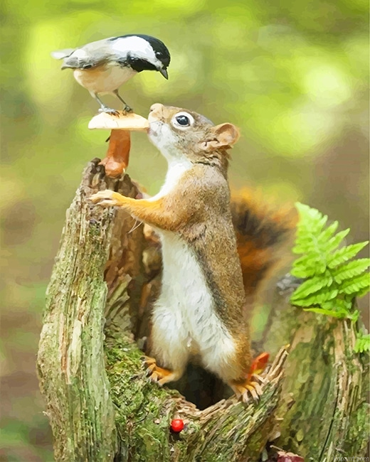 Cute Squirrel And Bird New Painting By Numberss.png