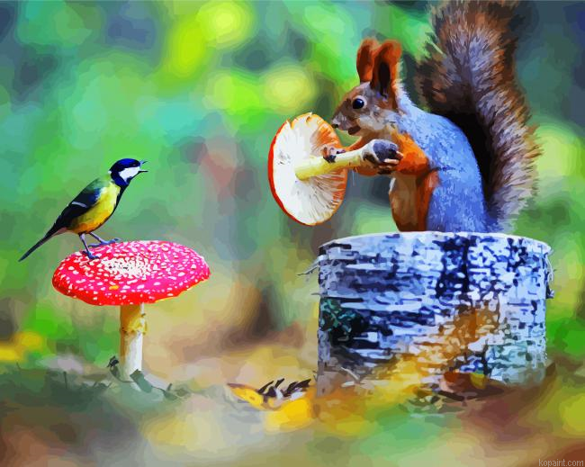 Cute Tit Bird And Squirrel Painting By Numberss.png